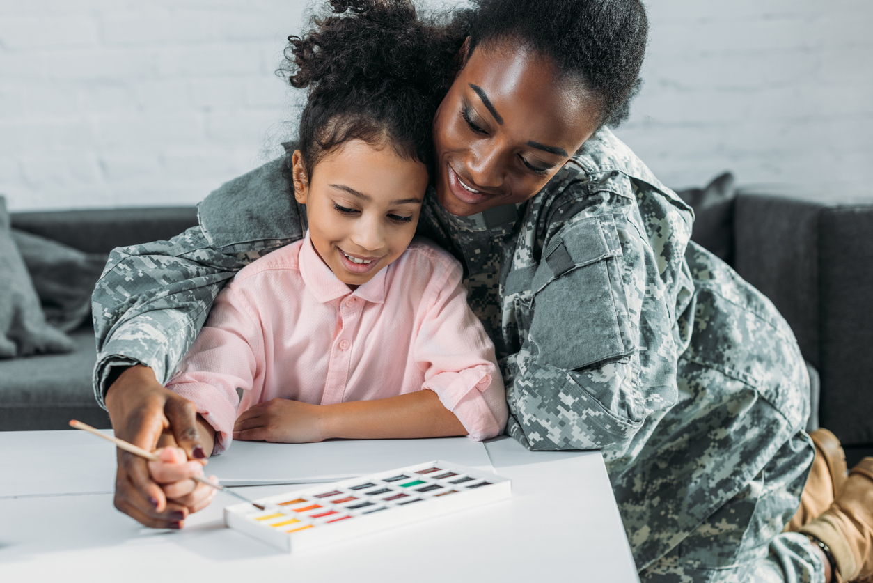 Military Mom with daughter doing a watercolor painting